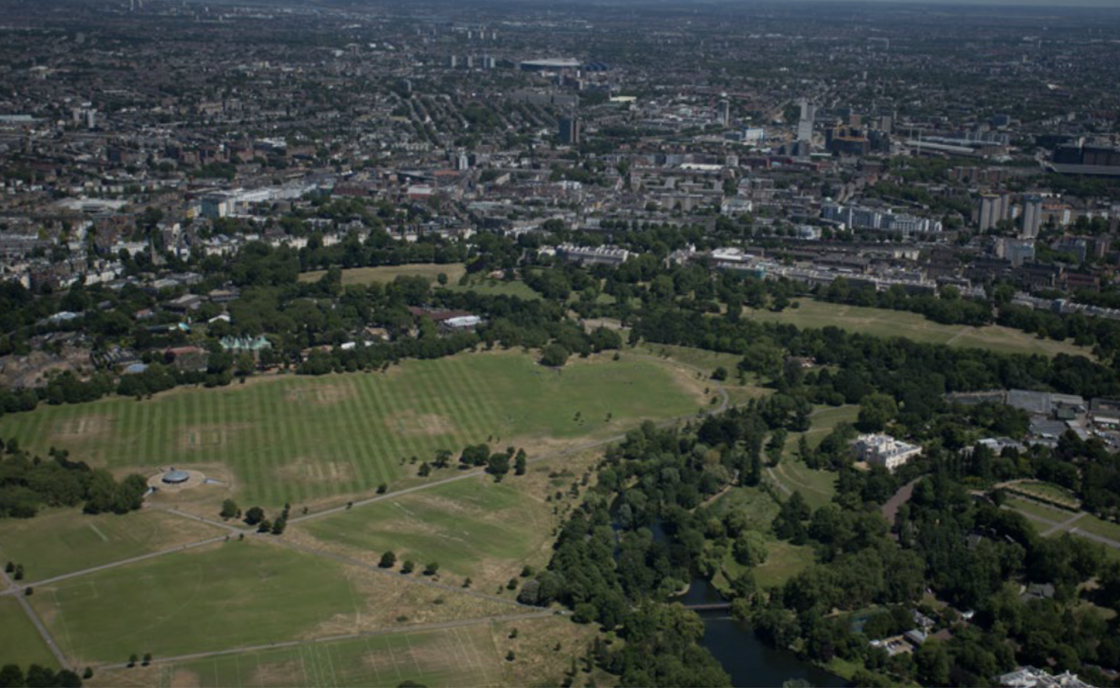 Overhead view of a city. 